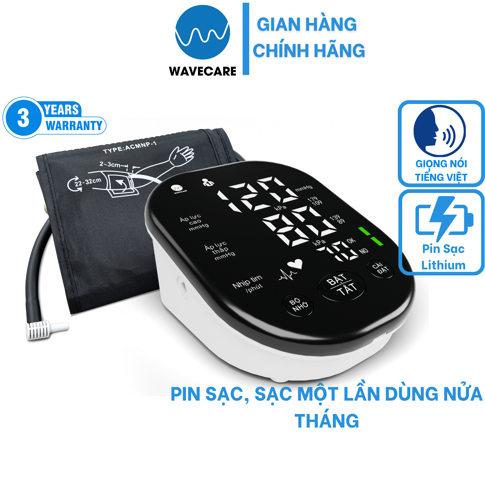 Máy đo huyết áp Wavecare B01A Chính Hãng - Pin Lithium sạc (Giọng nói Tiếng Việt)