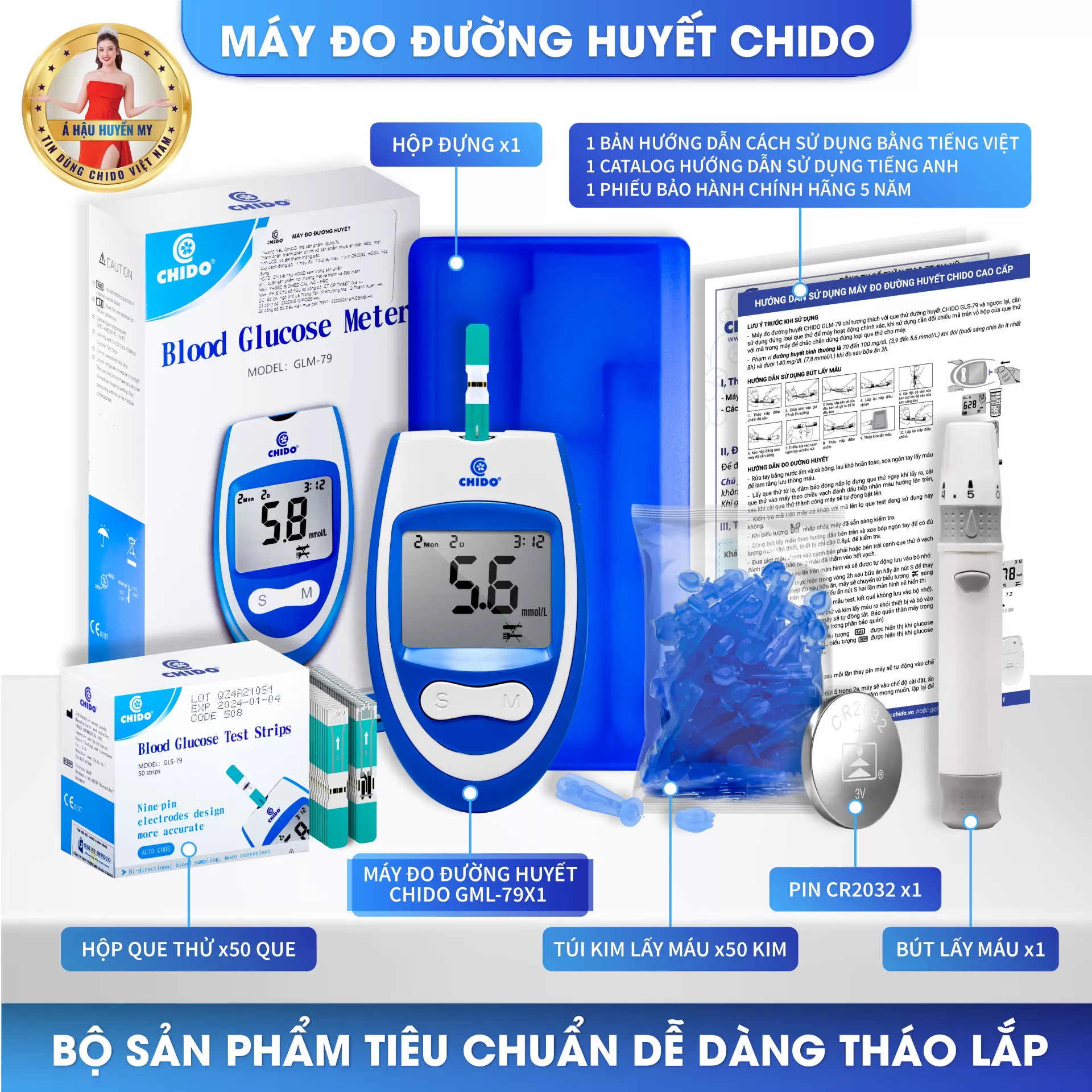 Máy đo đường huyết test thử tiểu đường Chido công nghệ Nhật Bản độ chính xác cao-Hàng chính hãng