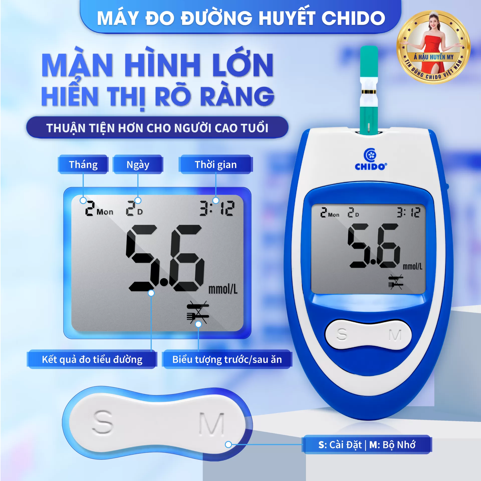 Máy đo đường huyết test thử tiểu đường Chido công nghệ Nhật Bản độ chính xác cao-Hàng chính hãng