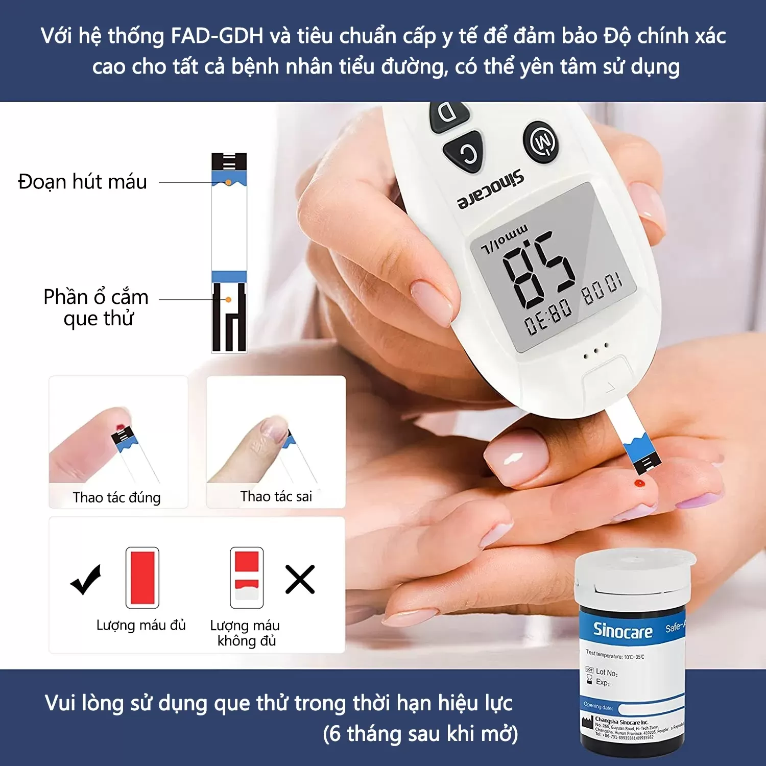 [TRỌN BỘ] Máy đo đường huyết Sinocare Safe - Accu Hàng Chính Hãng, tặng bút chích máu và 25 Que + 25 Kim