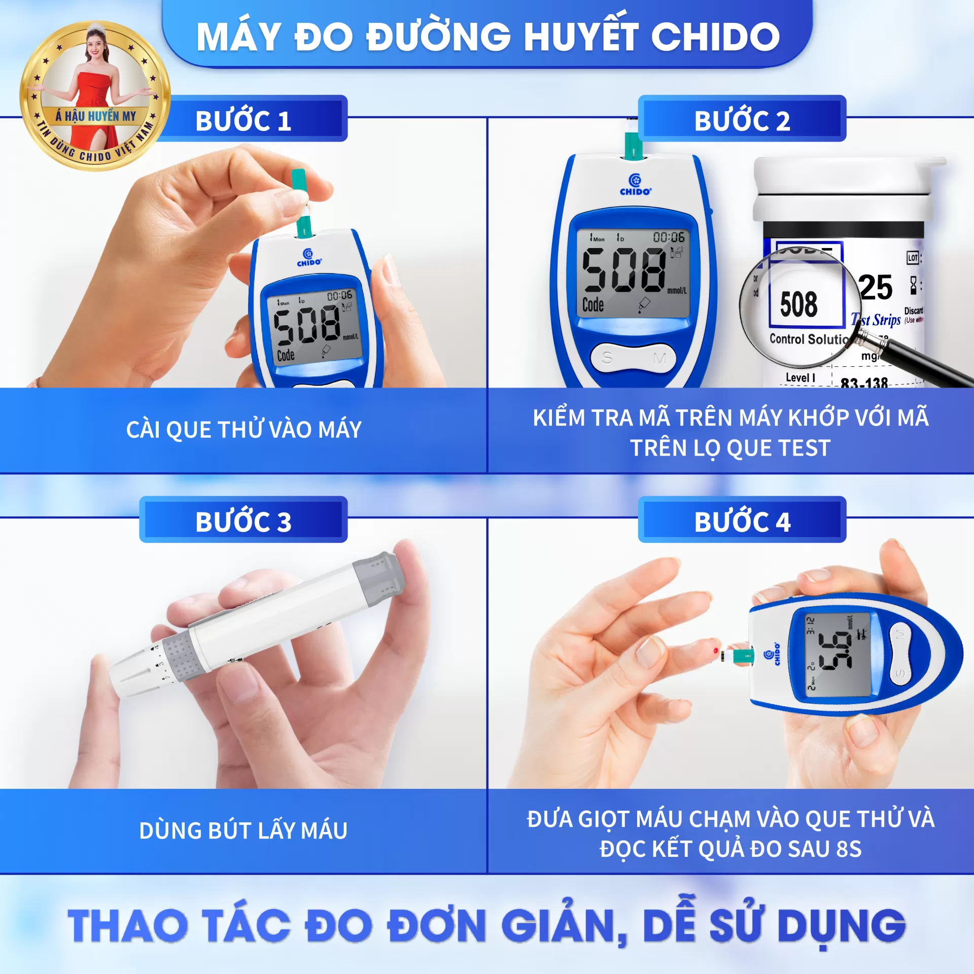 Máy đo đường huyết test thử tiểu đường Chido công nghệ Nhật Bản độ chính xác cao-Hàng chính hãng