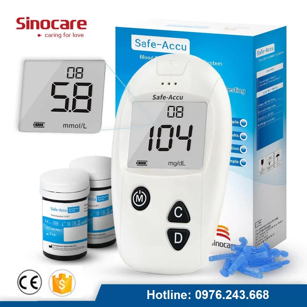 [TRỌN BỘ] Máy đo đường huyết Sinocare Safe - Accu Hàng Chính Hãng, tặng bút chích máu và 25 Que + 25 Kim